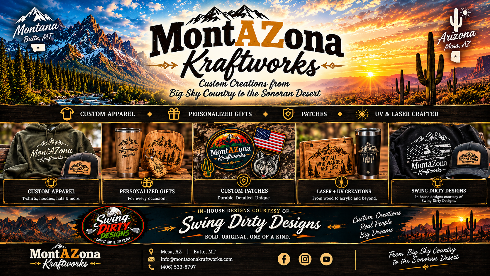 MontAZona Kraftworks artwork with Montana mountains, Arizona desert, and custom products